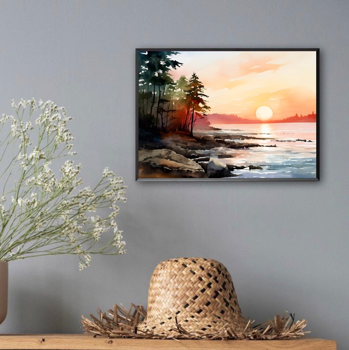 Lake Michigan Watercolor Sunset Landscape Art Print - Image 4