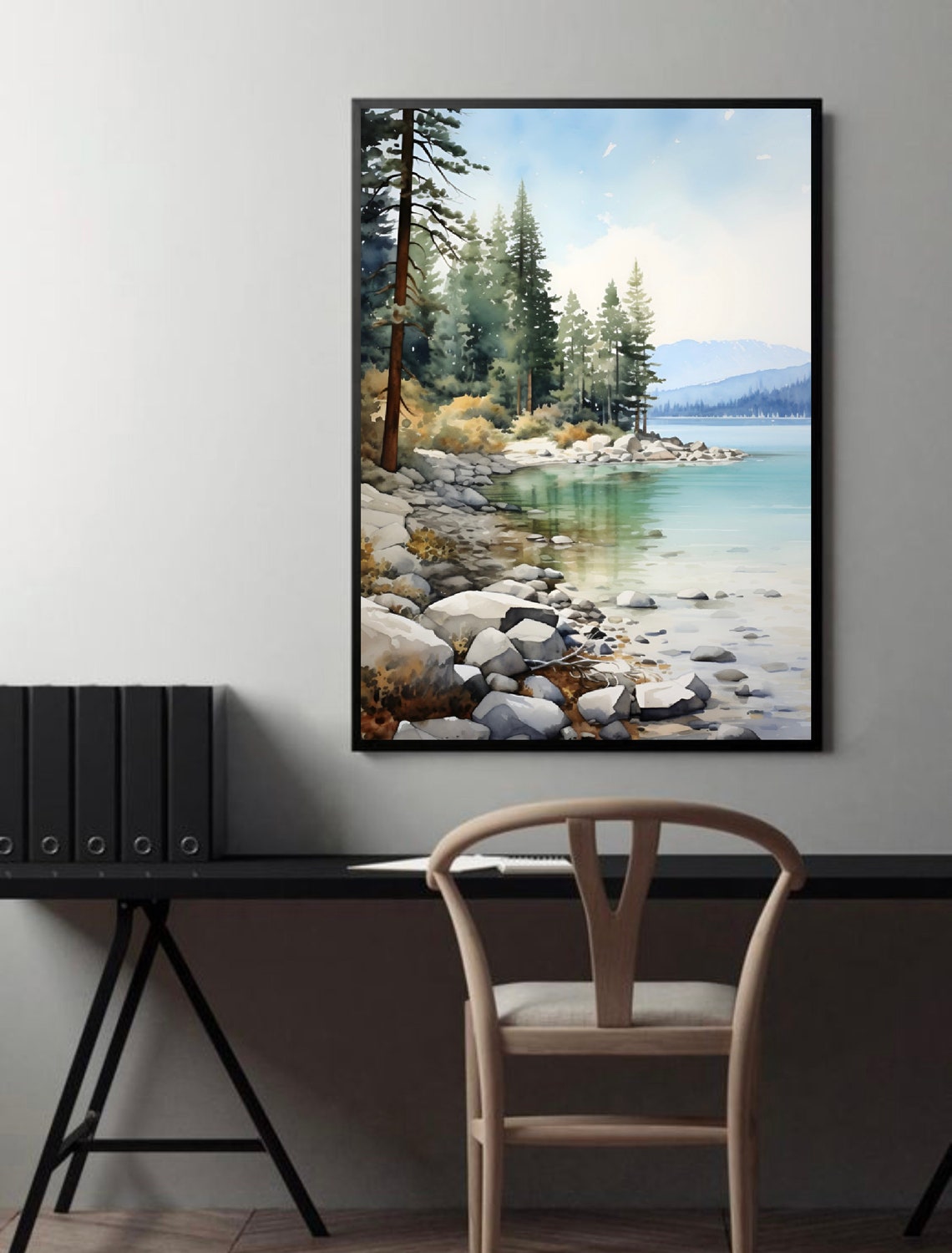 Rocky Pine Lakeshore Turquoise Water Mountain View Watercolor Poster - Image 4