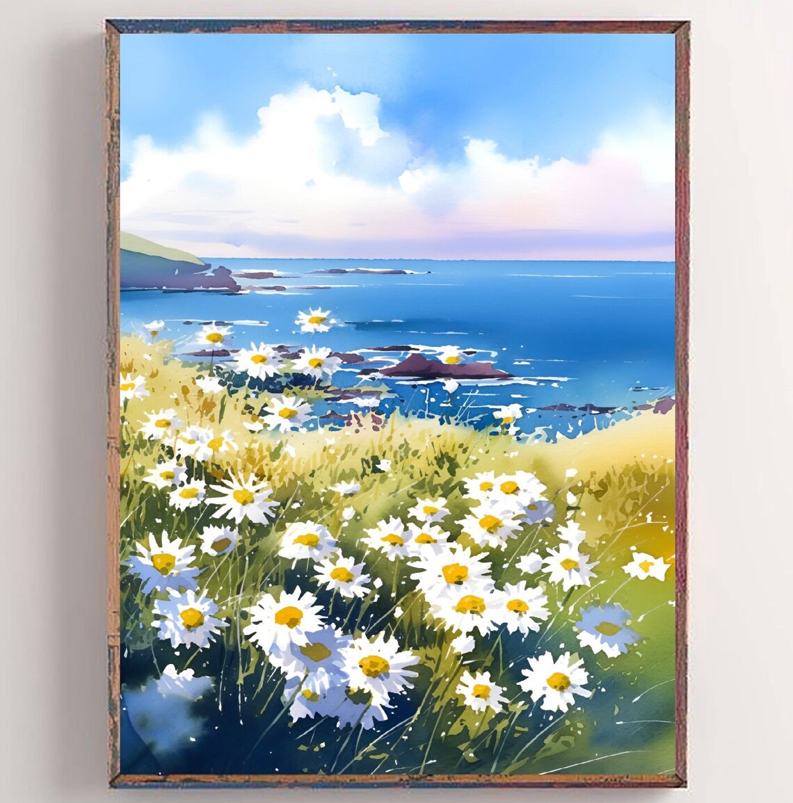 Daisy Wildflowers Watercolor Art Print, Meadow Floral
