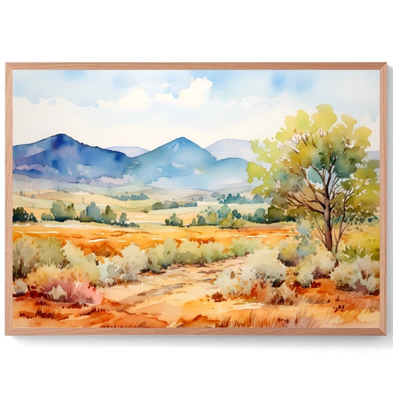 Las Cruces Mountain Valley Painting New Mexico Mountains Landscape Art Meadow Watercolor Print Panoramic Wall Art