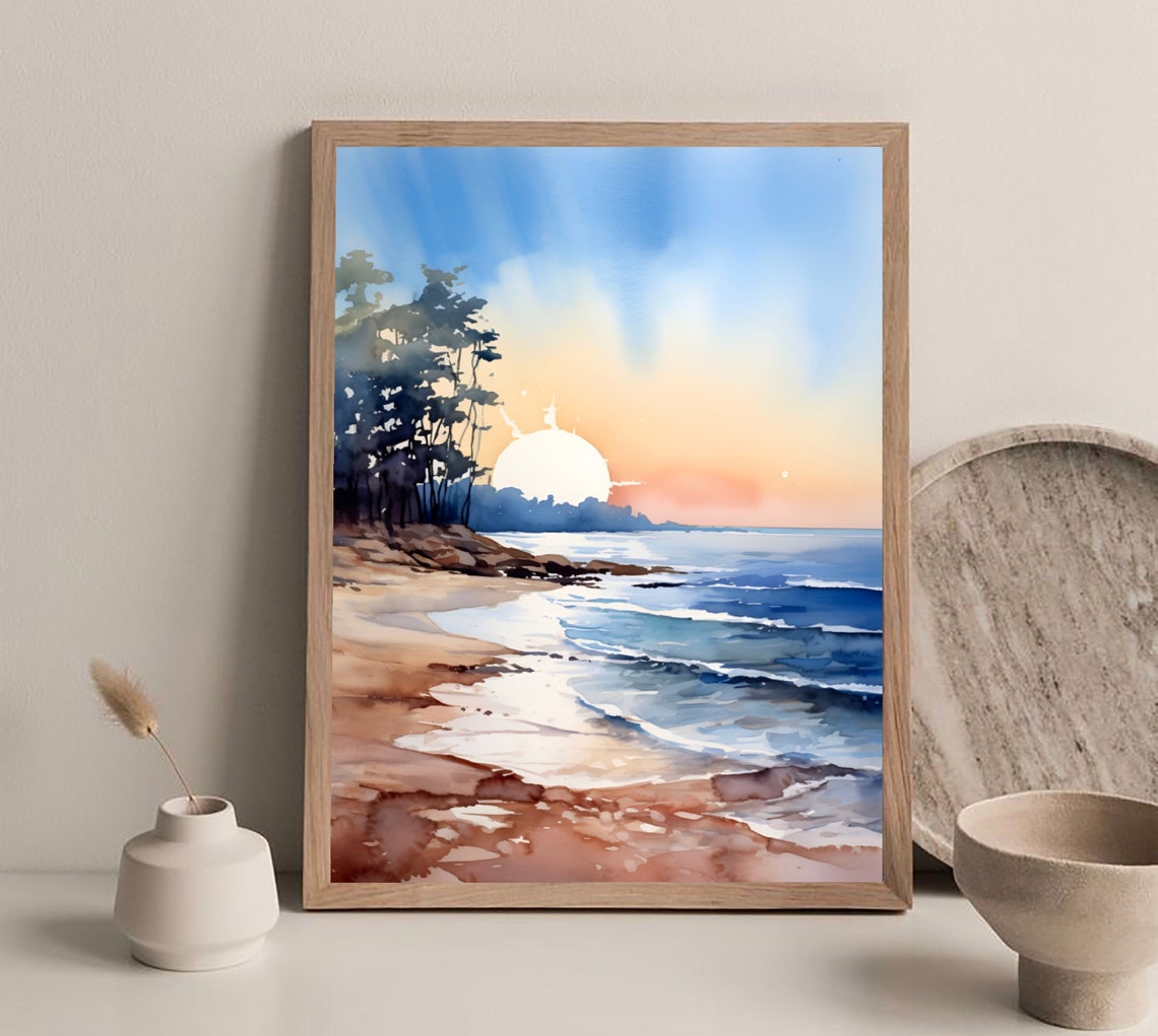 Beach Sunset Pine Trees Ocean Waves Golden Hour Watercolor Poster - Image 4