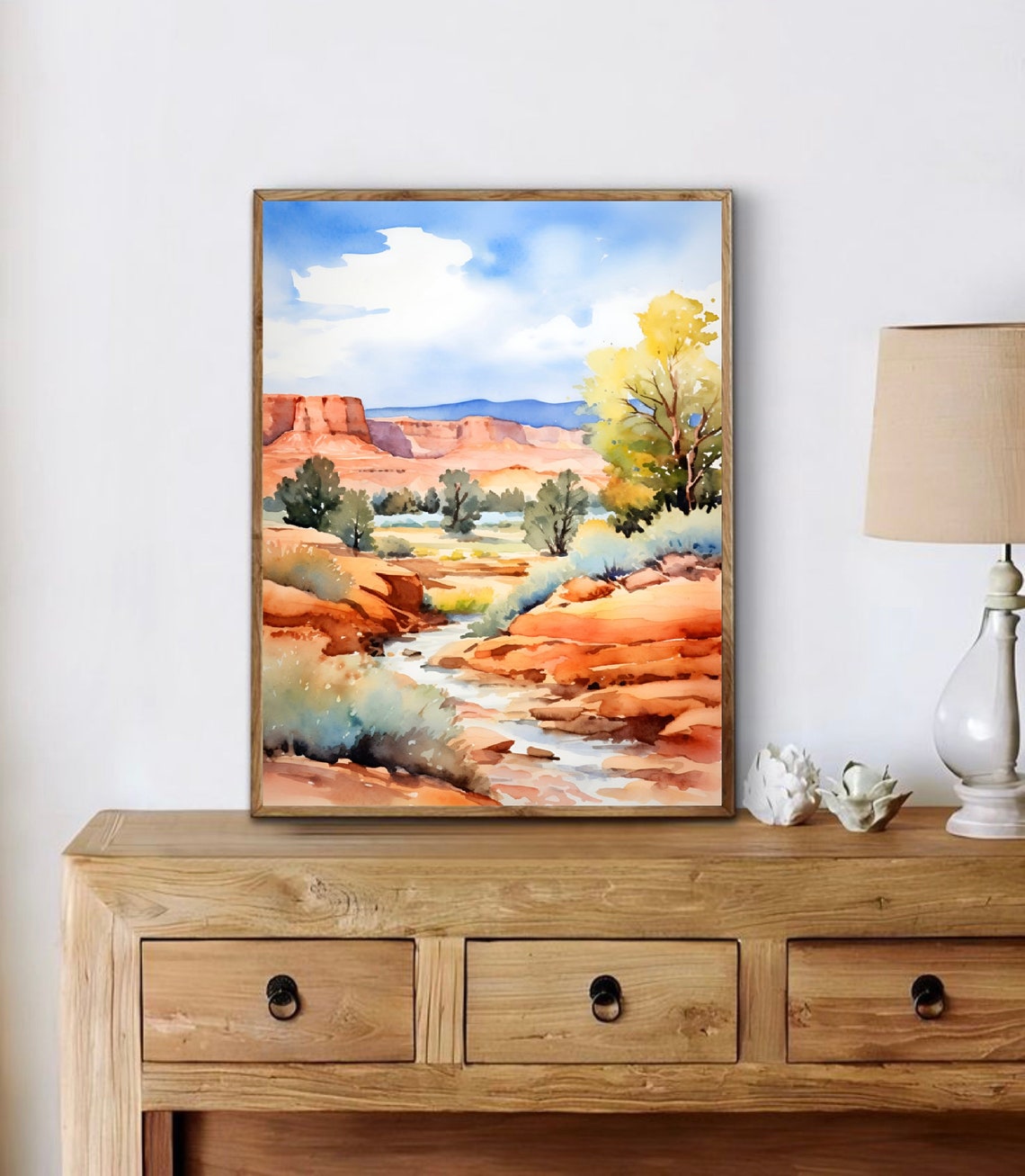 Red Rock Desert Canyon Stream Golden Tree Watercolor Scenery Poster - Image 3