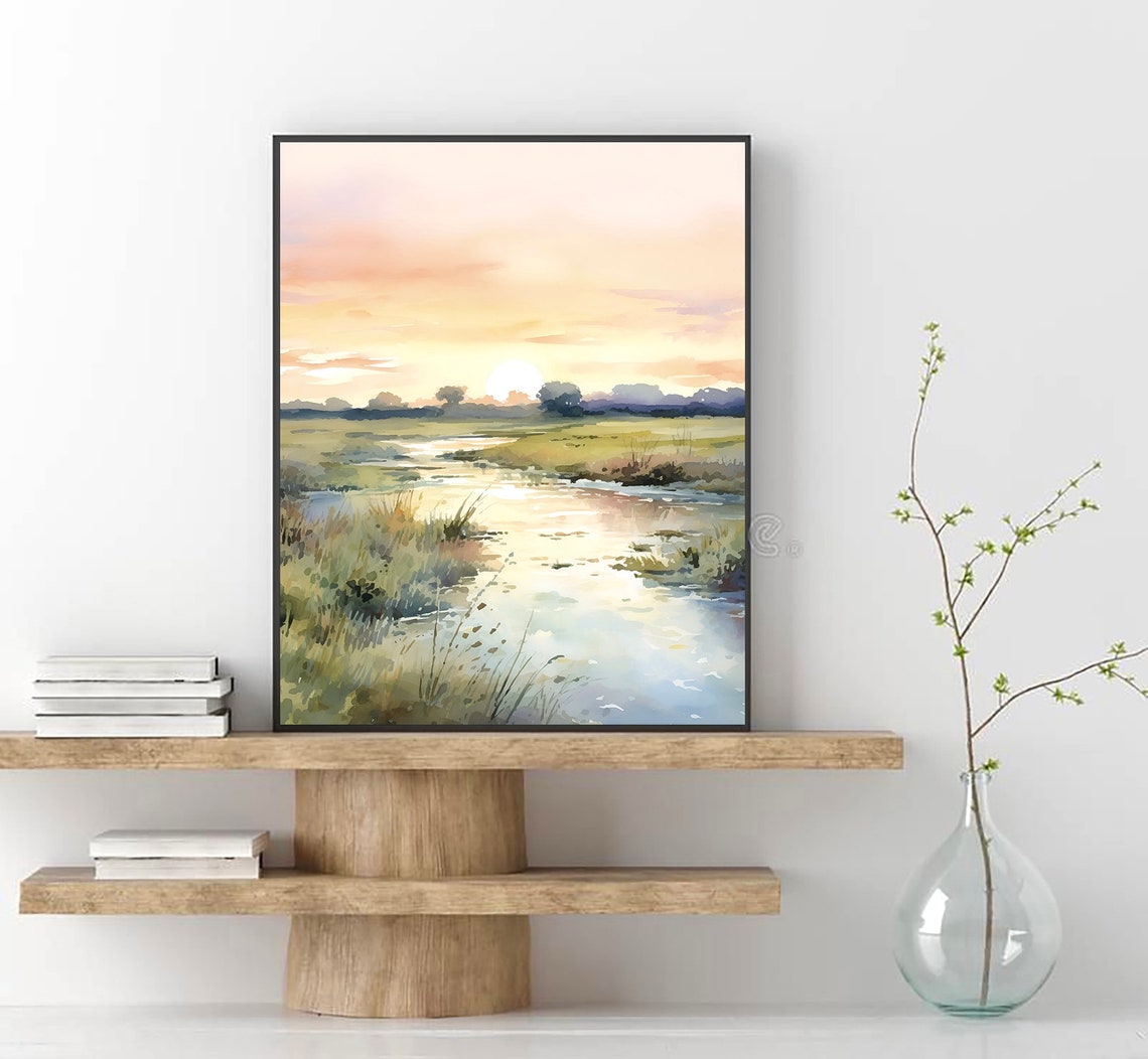 Marsh Creek Sunset Pastel Wetland Reflections Watercolor Art Poster - Image 2