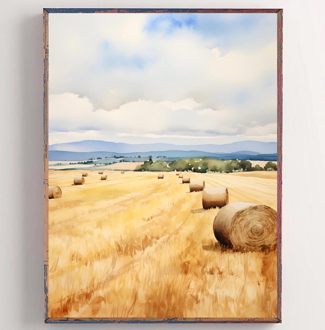 Tuscany Italy Wheat Field Hay Bales Harvest Watercolor Poster
