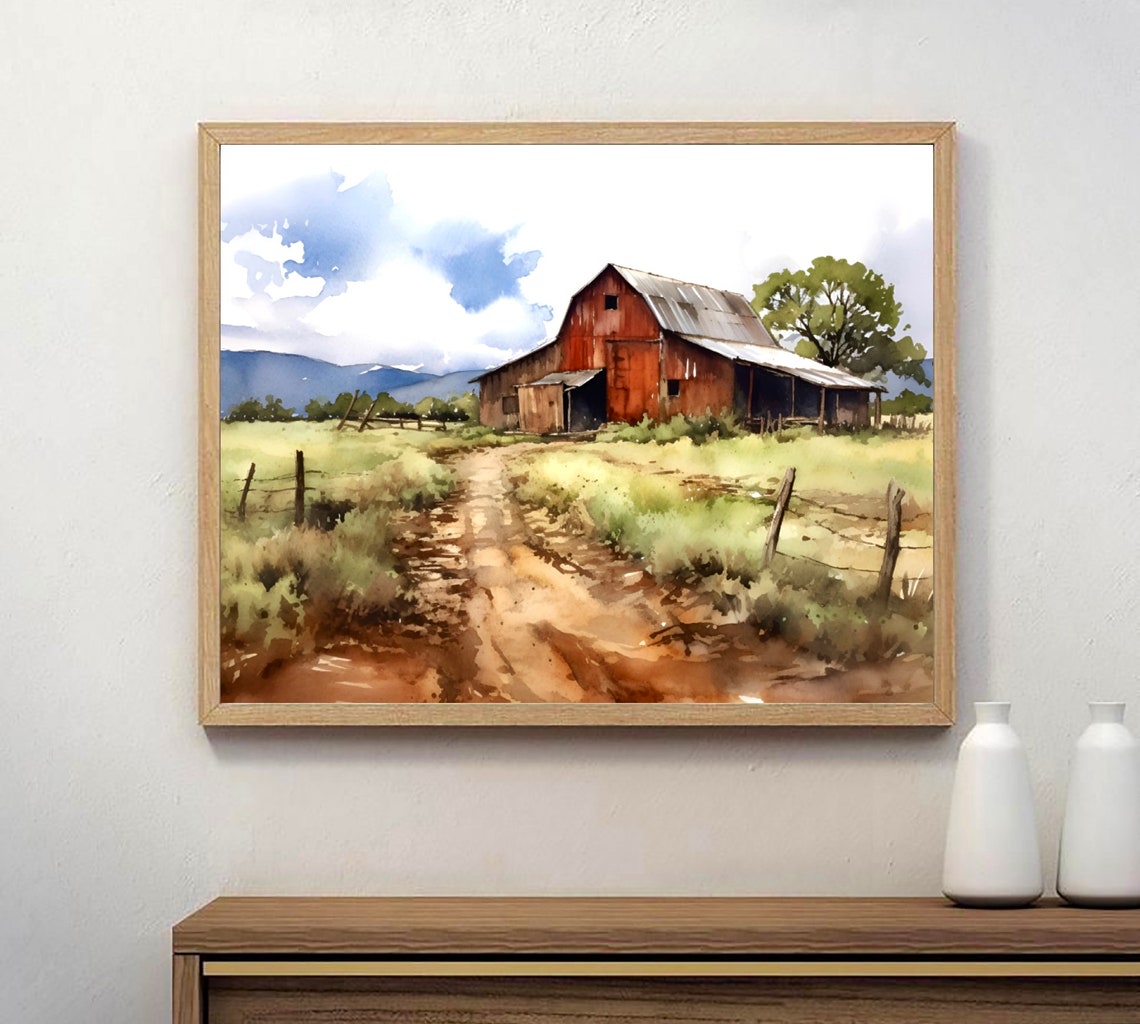 Texas Old Red Barn Dirt Road Farmhouse Watercolor Landscape Poster - Image 3