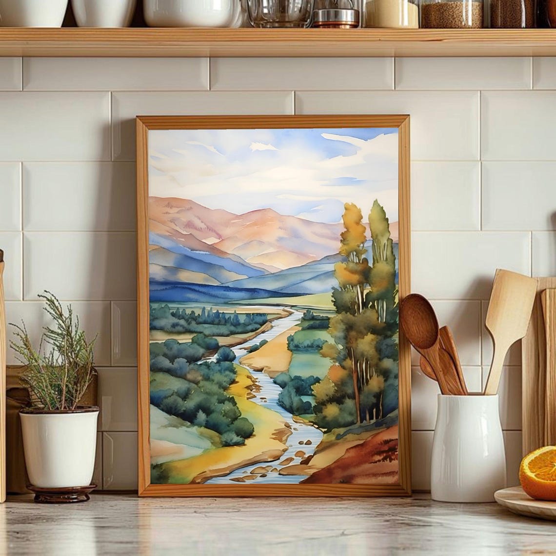 Mountain River Valley Tall Trees Warm Peaks Watercolor Scenic Poster - Image 3
