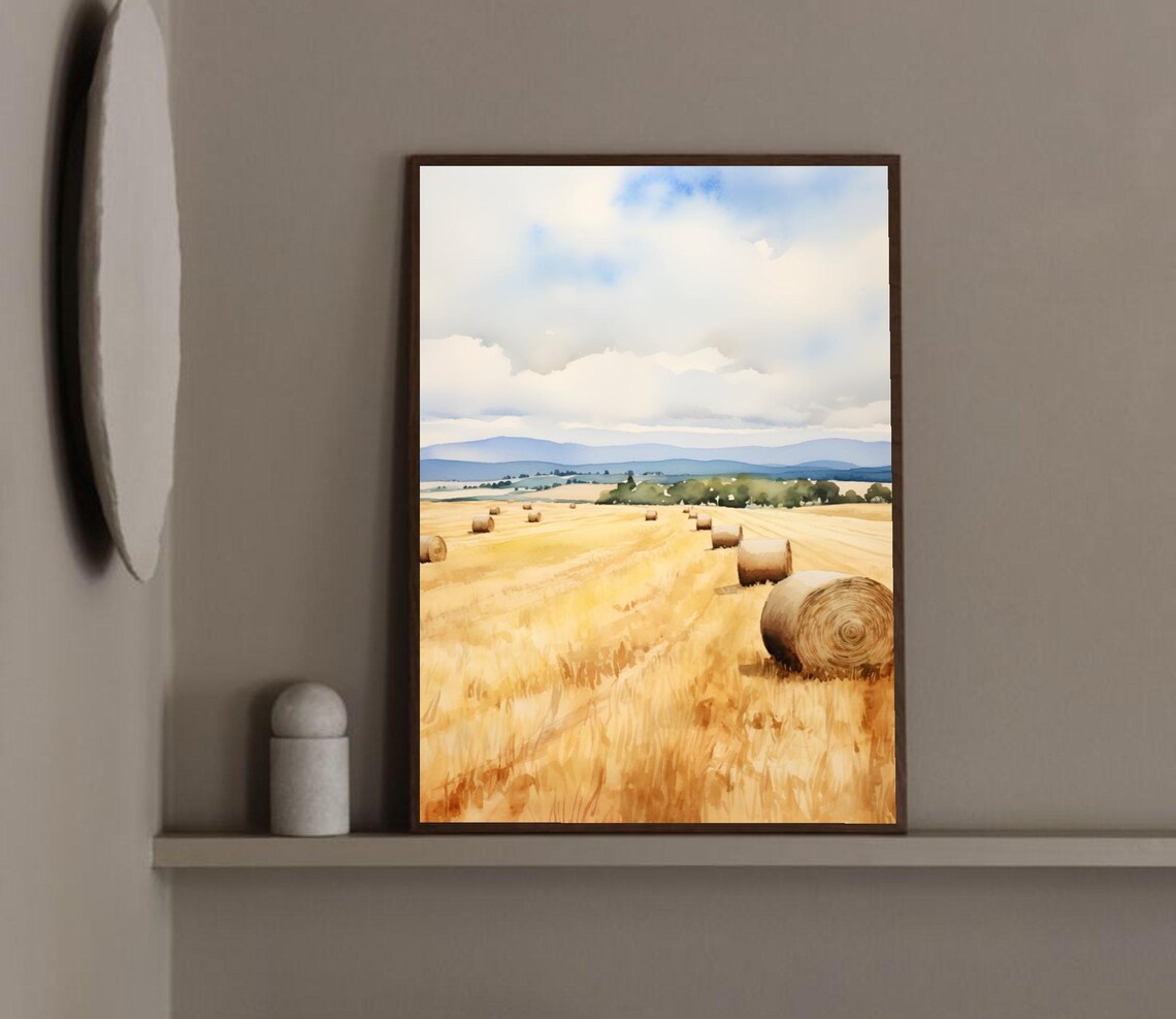 Tuscany Italy Wheat Field Hay Bales Harvest Watercolor Poster - Image 3