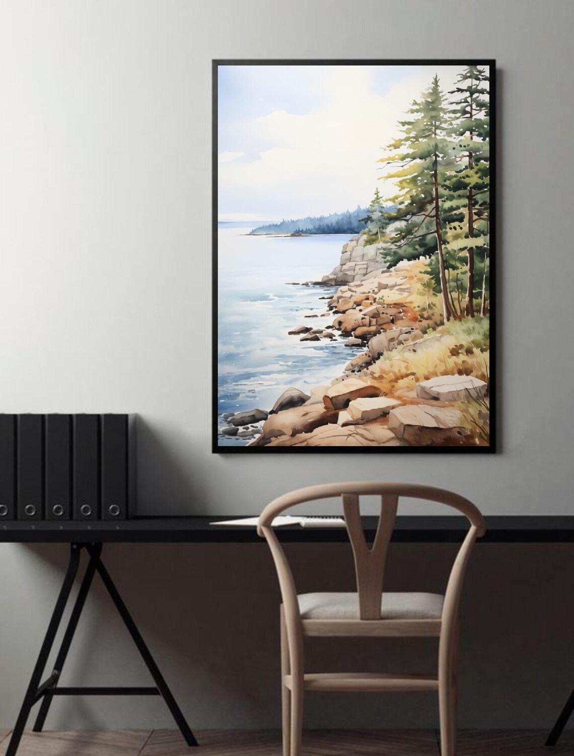 Rocky Shoreline Pine Forest Calm Water Watercolor Art Poster - Image 4
