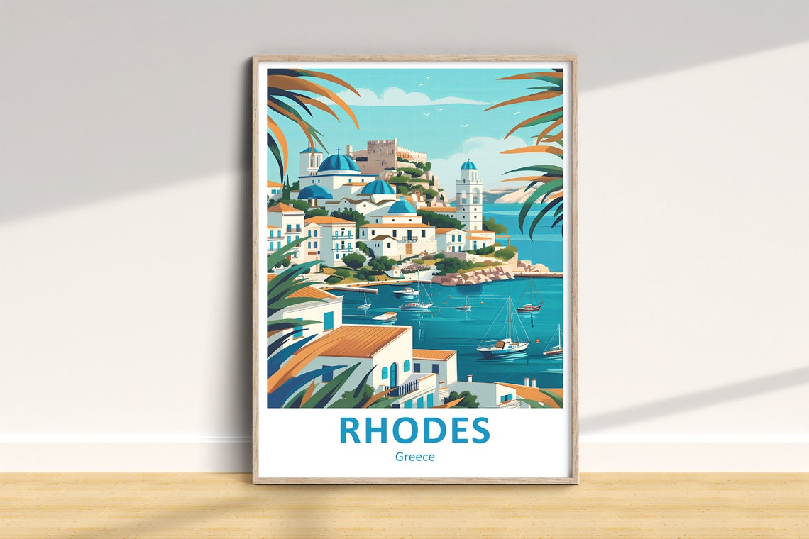 Rhodes Greece Harbor Blue Domes Coastal Town Travel Art Poster