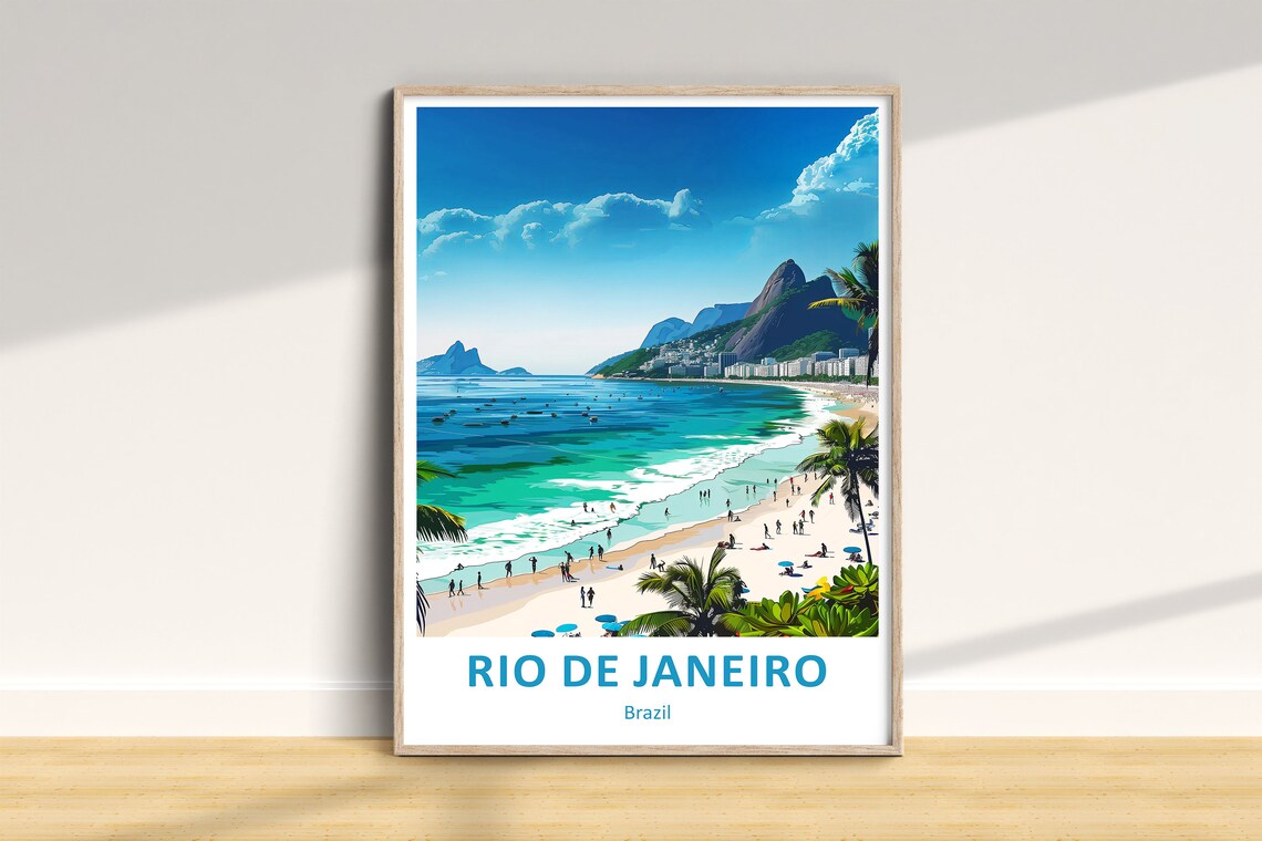 Rio de Janeiro Brazil Beach Mountains Coastal Scene Travel Art Poster