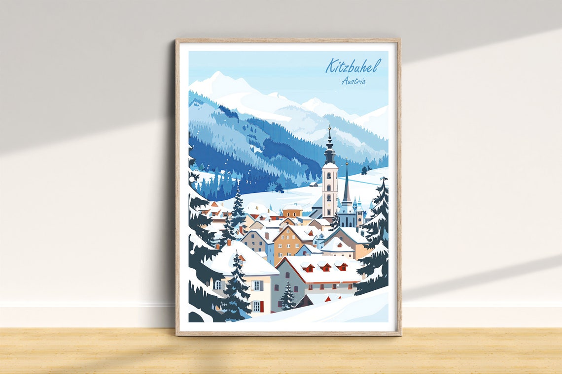 Kitzbuhel Austria Snowy Alpine Village Winter Travel Art Poster