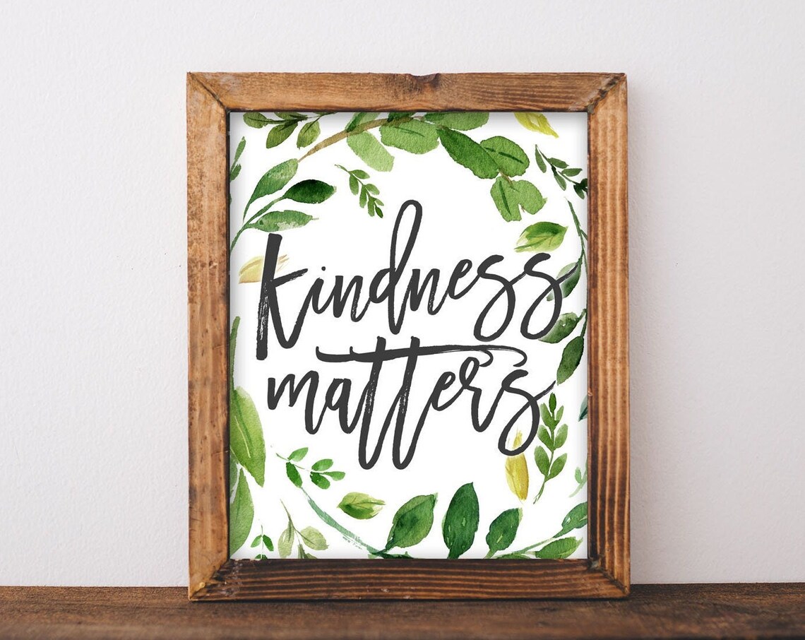 Kindness Matters Quote Poster With Green Watercolor Leaves Botanical