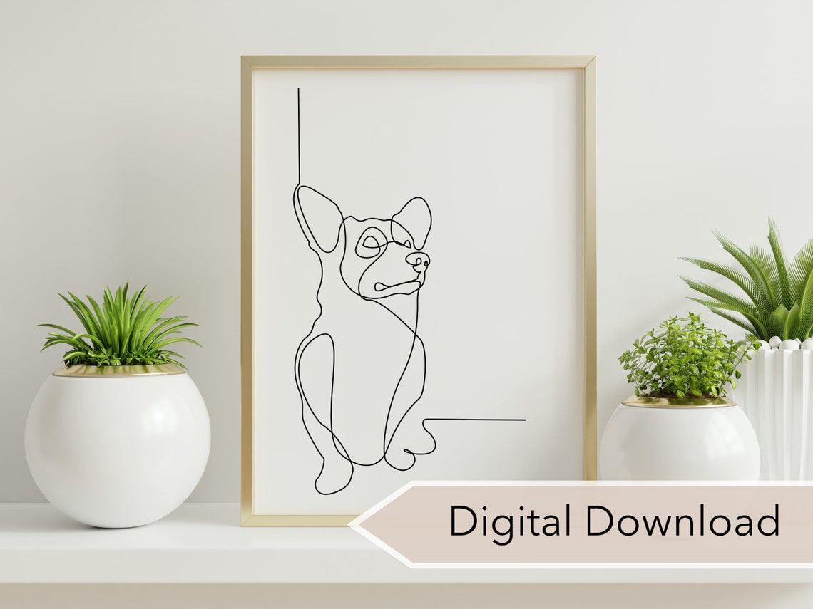 Corgi Dog Sitting Continuous One Line Drawing Minimalist Poster