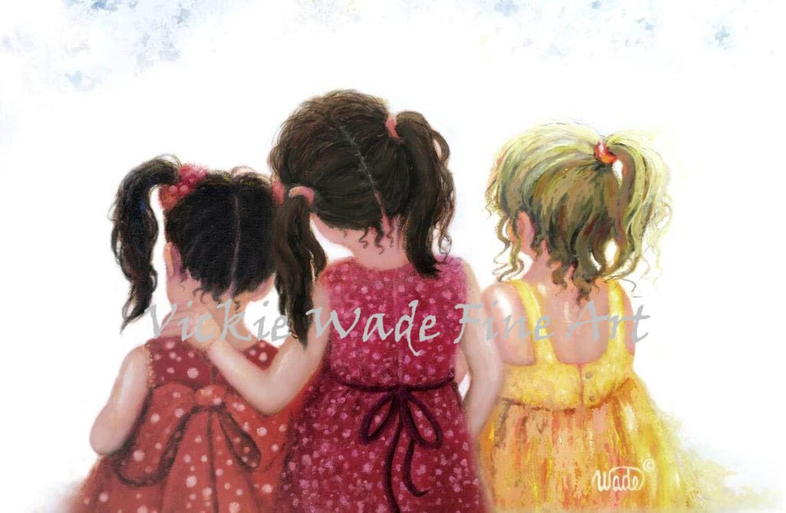 Three Sisters Standing Arm in Arm in Colorful Dresses Poster
