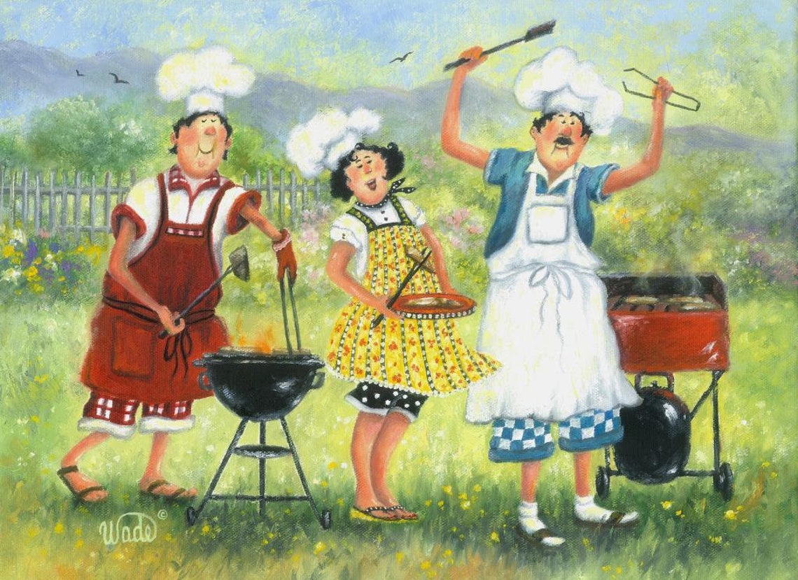 Three Funny Cartoon Chefs Having Fun at a Sunny Backyard BBQ Poster