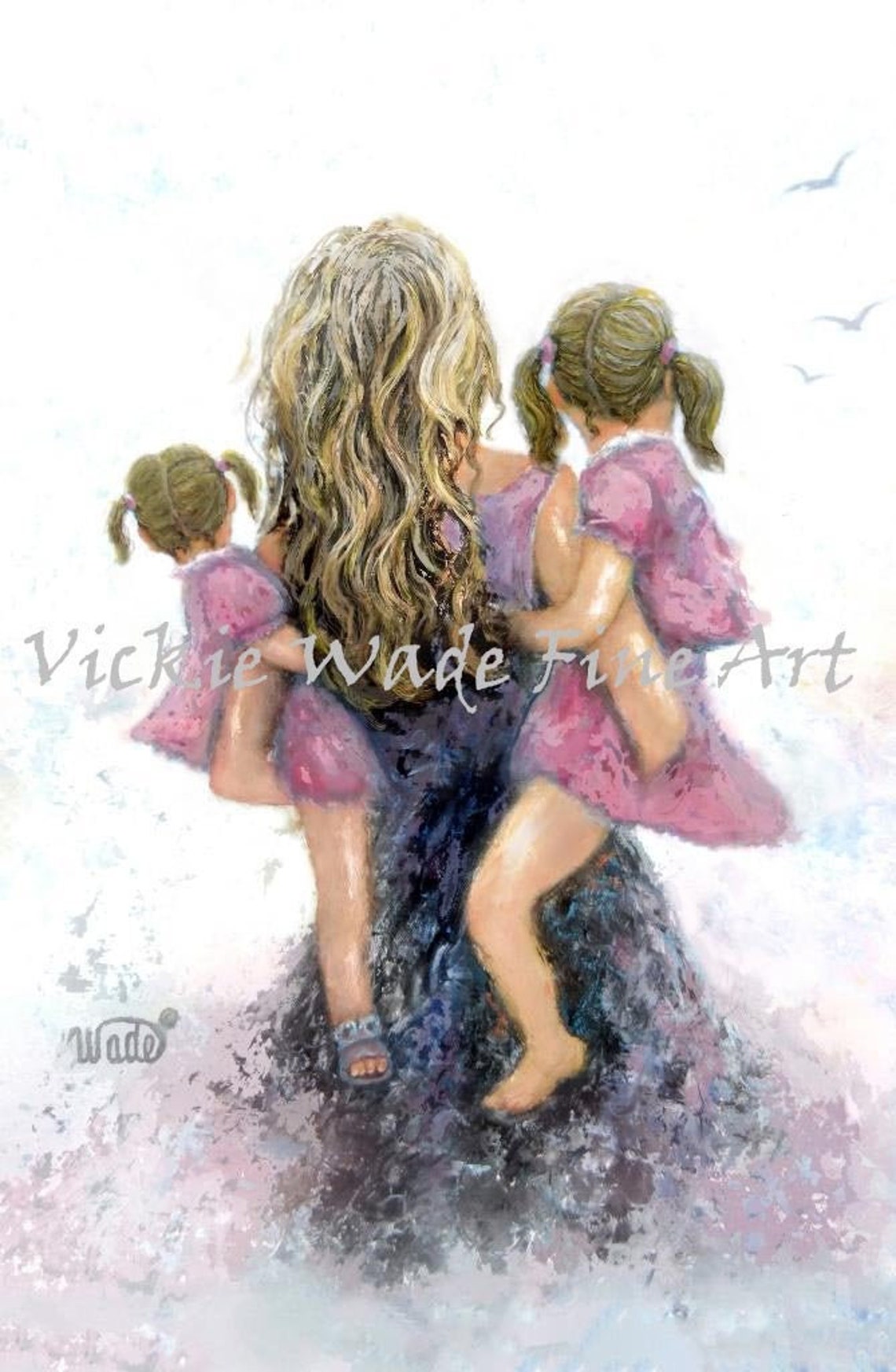 Blonde Mother Tenderly Carrying Two Daughters in Pink Dresses Poster