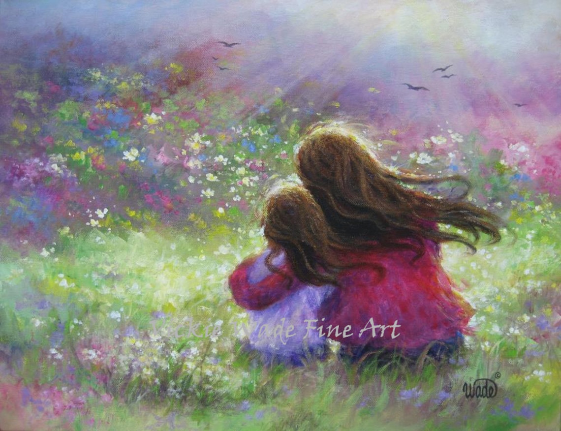 Loving Mother And Daughter Embracing In A Flower Garden Poster