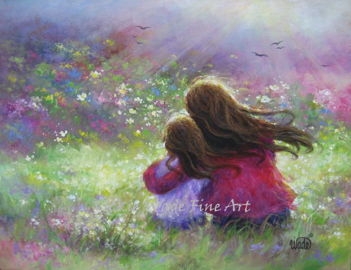 Mother Daughter Art Print Garden Mother Loving Mother Brunette Daughter Mom Mum Gift Wall Art Mothers Day Art Gift Vickie Wade Art