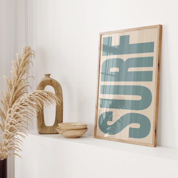 Surf Poster Beige Neutral Prints Blue Typography Art Print