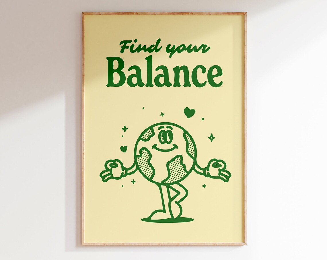 Find Your Balance Green Retro Cartoon Yoga Motivational Poster