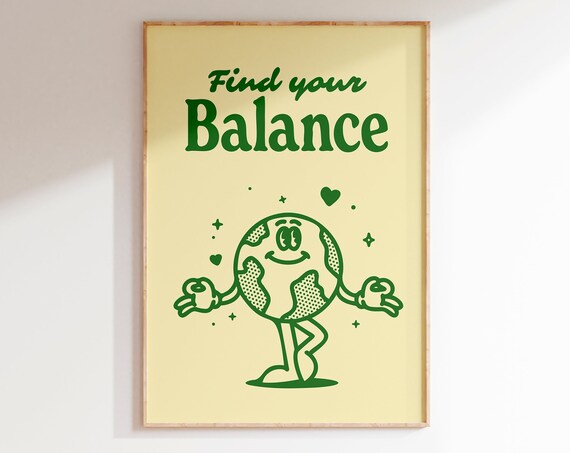 Find Your Balance Green Retro Cartoon Yoga Motivational Poster