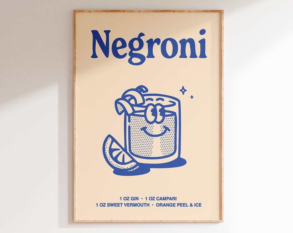Negroni Cocktail Recipe Retro Blue Rocks Glass Bar Cart Poster