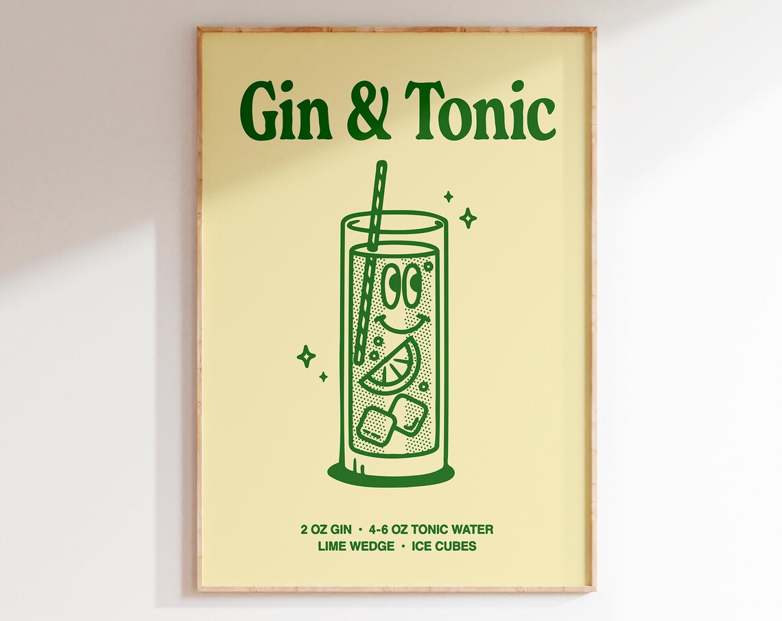 Gin and Tonic Cocktail Recipe Green Line Art Bar Cart Poster