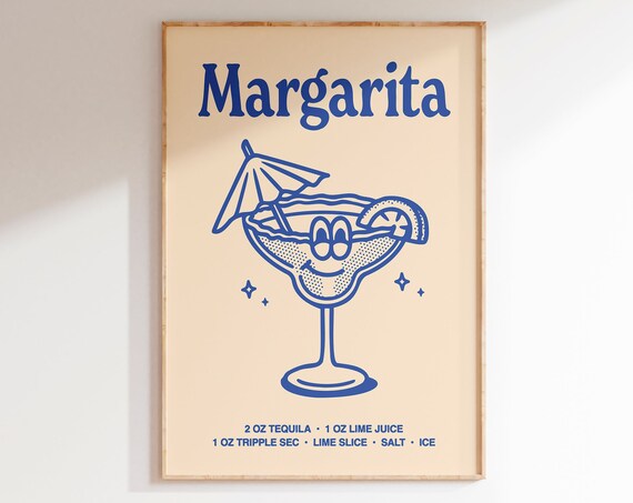Margarita Tequila Cocktail Recipe Retro Blue Bar Cart Drink Poster