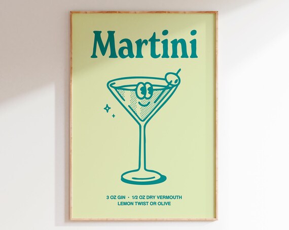 Martini Cocktail Recipe Gin Retro Teal Bar Cart Drink Poster