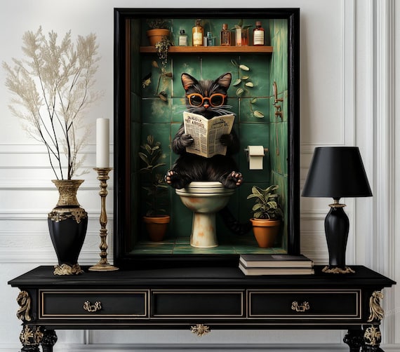 Black Cat Reading Daily Meow Newspaper Sitting on Toilet Poster