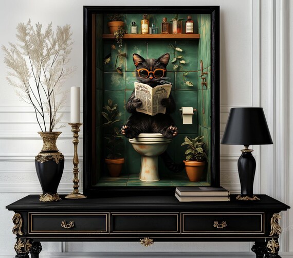 Funny Bathroom Cat Poster Animal On Toilet Wall Art Gag Gift For Guest Quirky Decor White Elephant 67