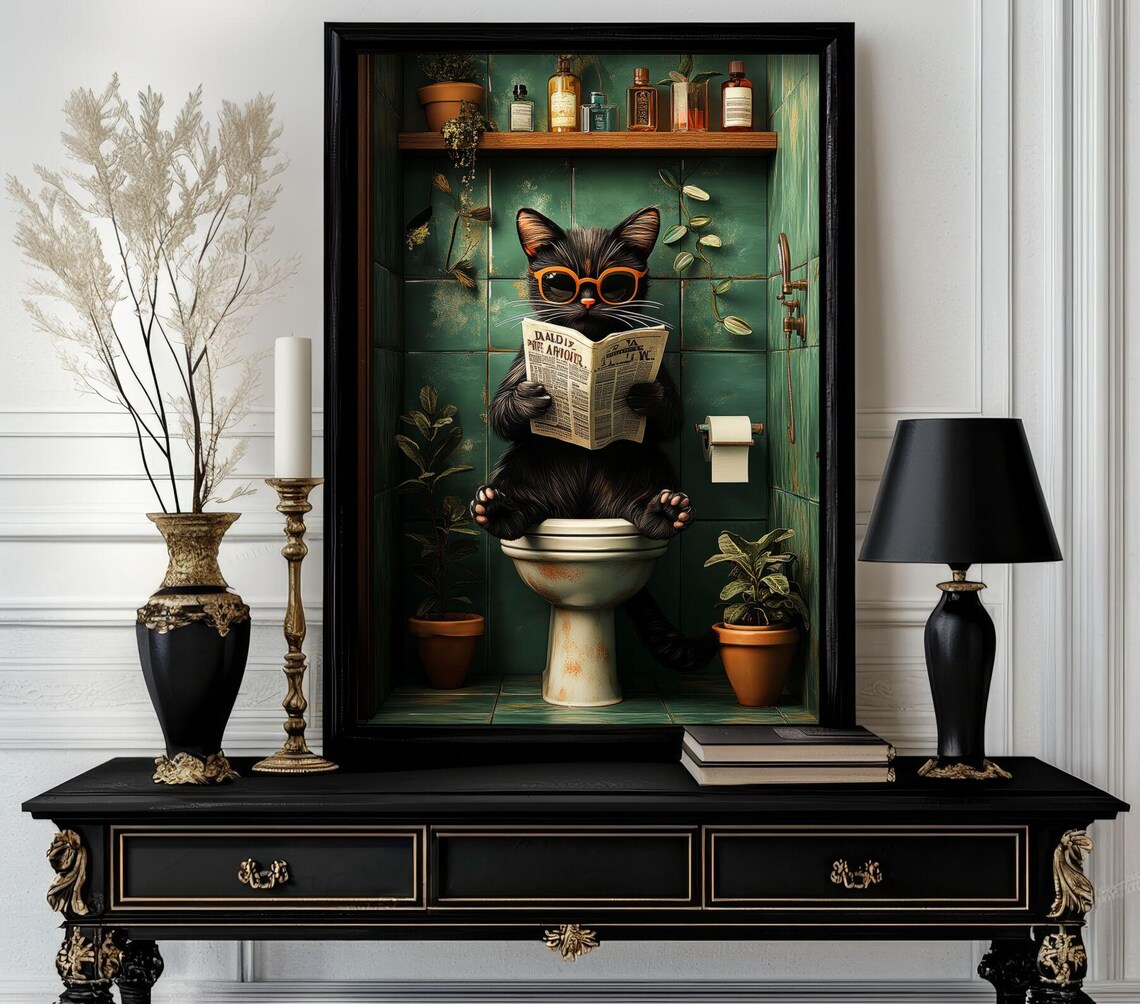 Black Cat Reading Daily Meow Newspaper Sitting on Toilet Poster