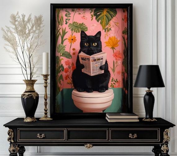 Black Cat Reading Newspaper on Toilet Funny Pink Bathroom Poster