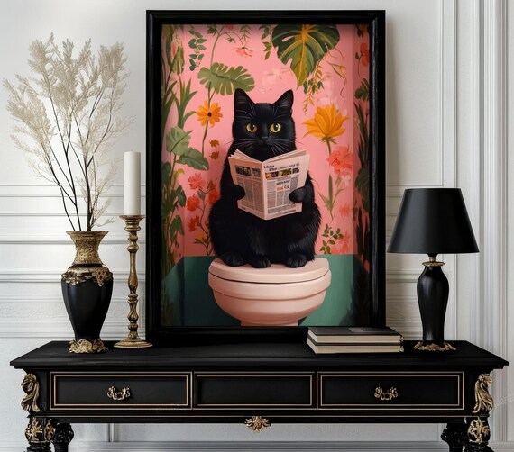 Funny Bathroom Cat Poster Animal On Toilet Wall Art Gag Gift For Guest Quirky Decor White Elephant 10