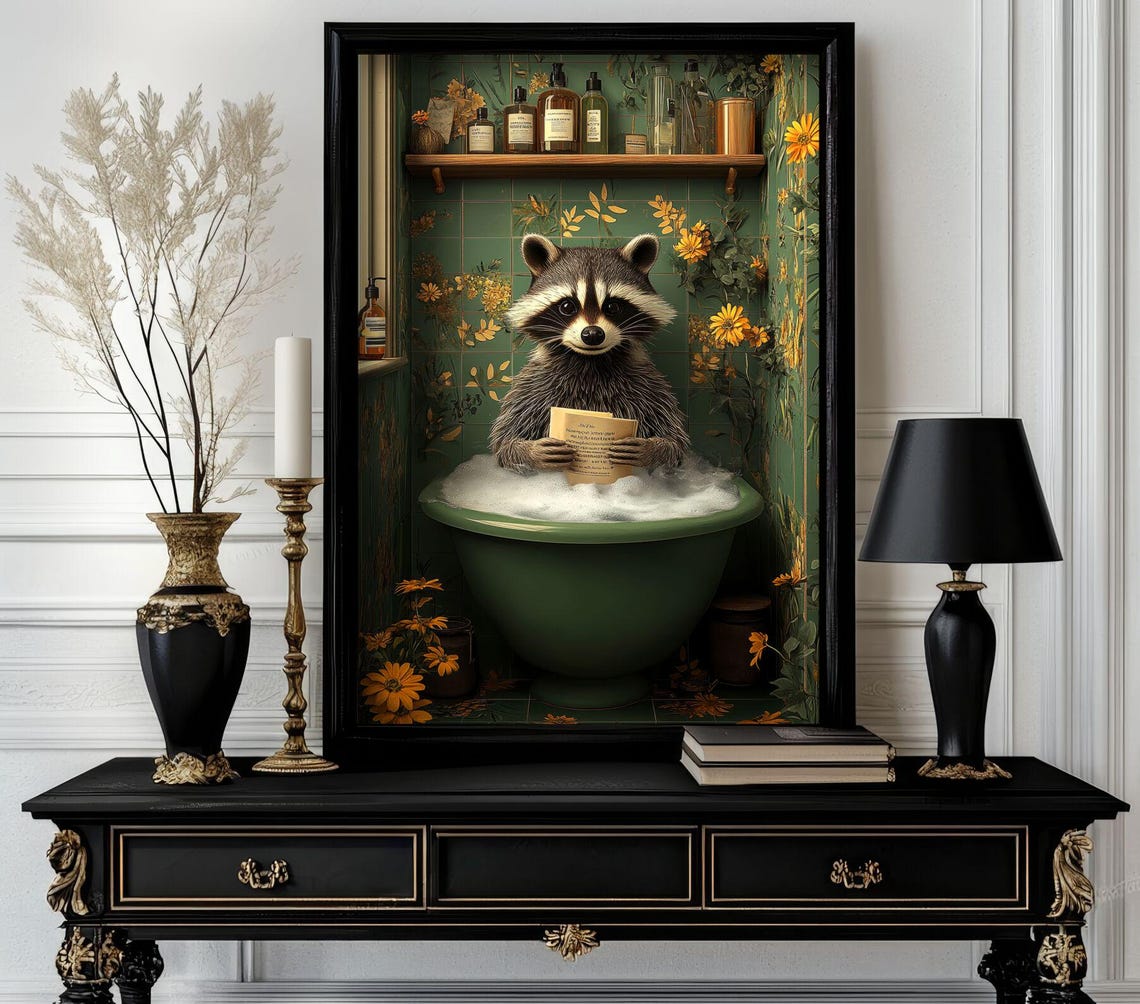 Raccoon Reading a Book in Bubble Bath Floral Tiles Funny Poster