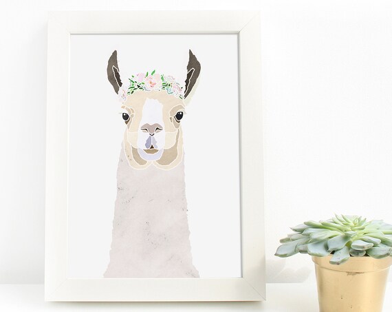 Floral Crown Cute Llama Portrait Minimalist Nursery Wall Poster