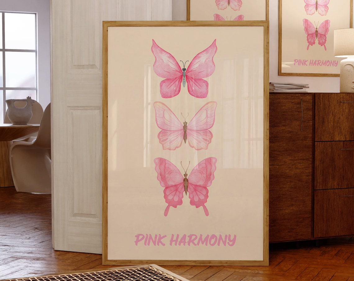 Pink Harmony Three Pink Butterflies Watercolor Trendy Wall Art