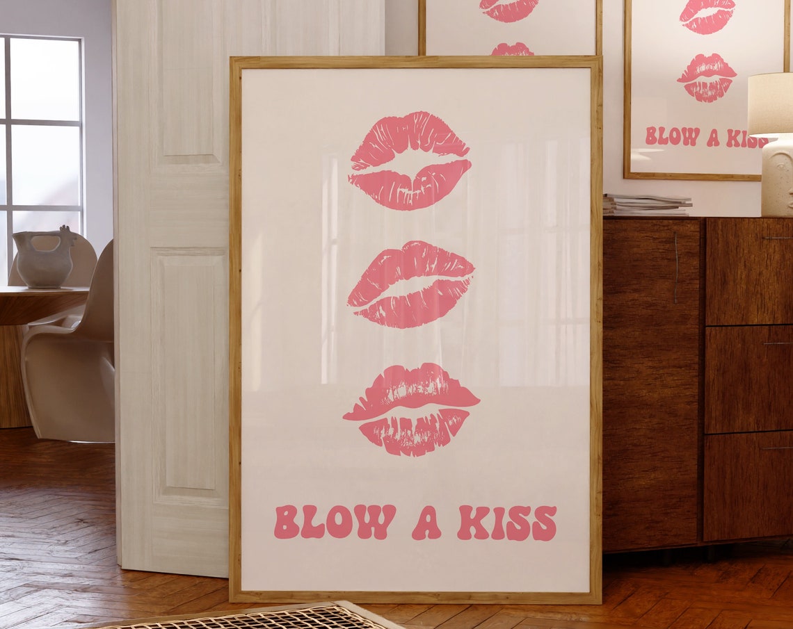Blow a Kiss Pink Lipstick Kisses Retro Typography Trendy Wall Art