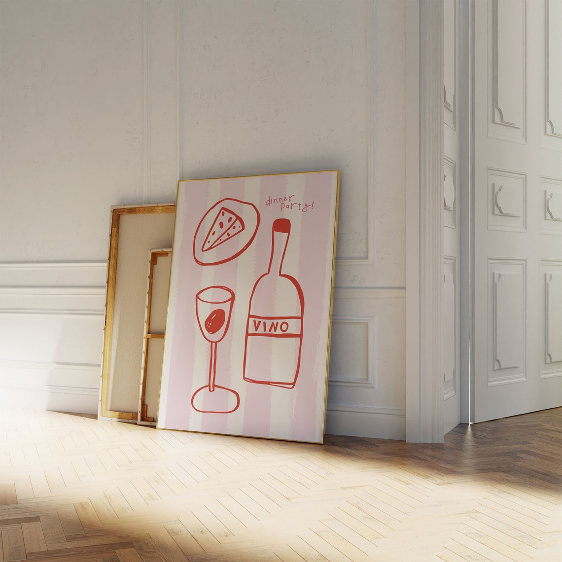 Dinner Party Red Line Art Cheese Wine Vino Pink Kitchen Poster - Image 4