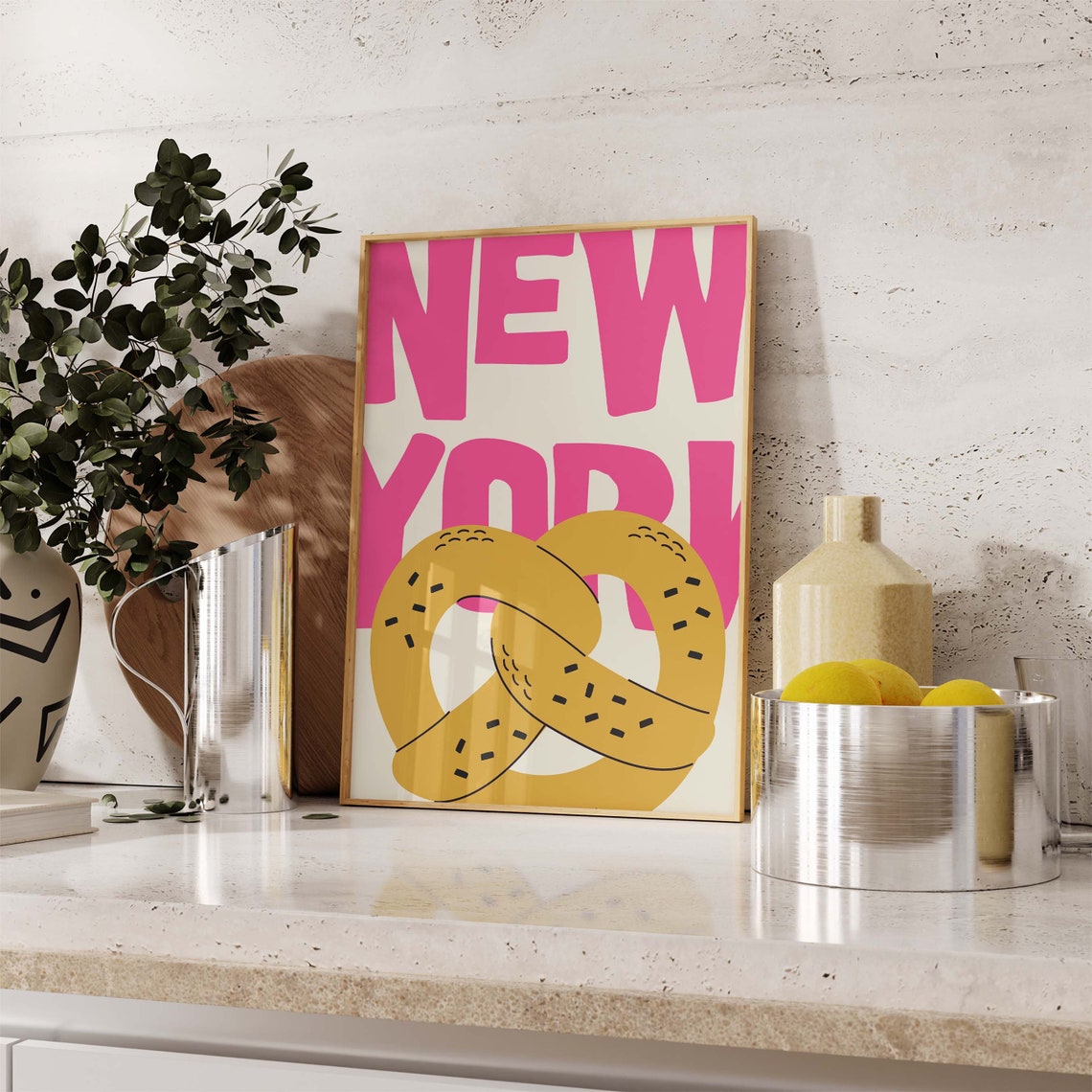 New York Pretzel Bold Pink Typography Foodie City Wall Poster - Image 2