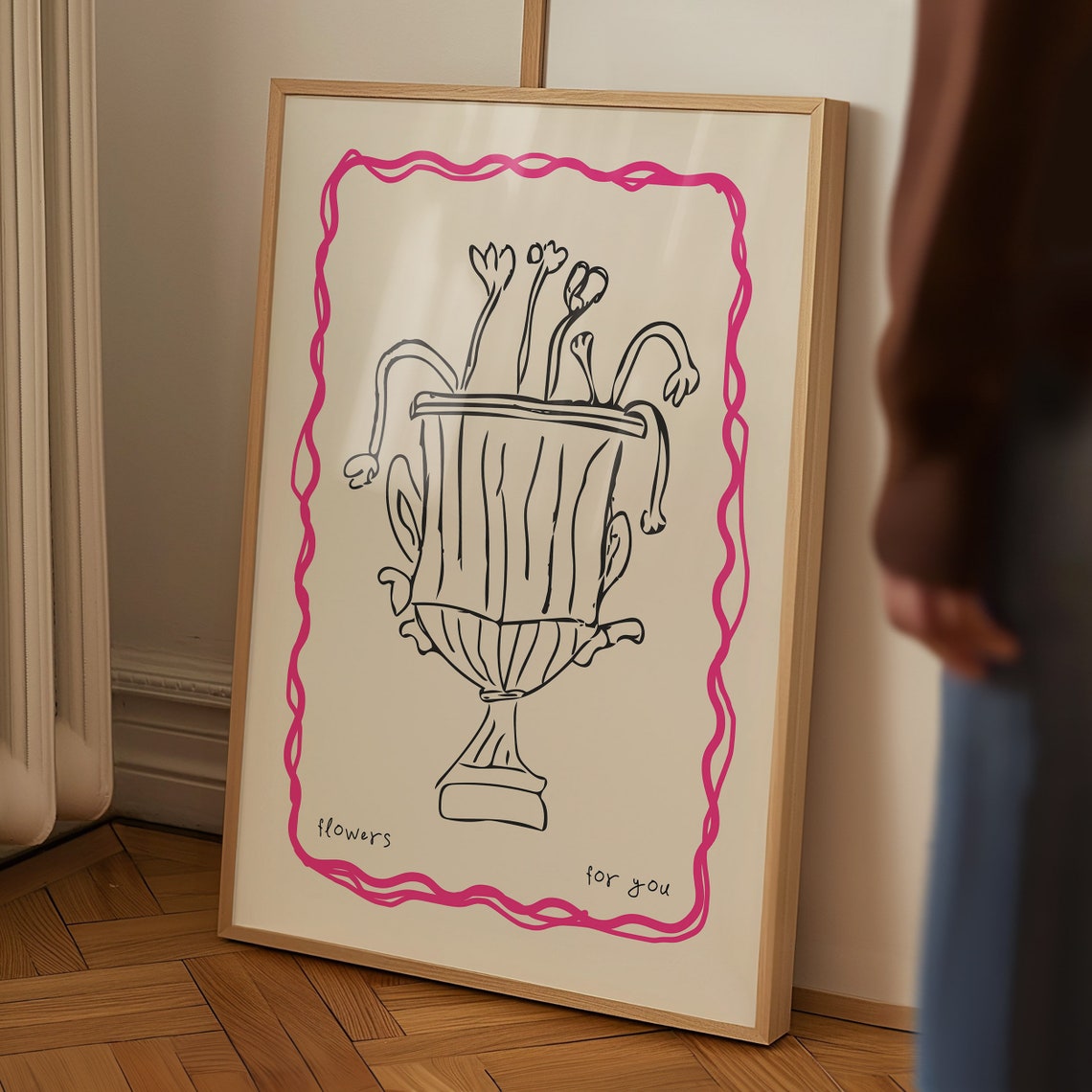 Flowers For You Hand Drawn Urn Pink Wavy Border Romantic Wall Poster