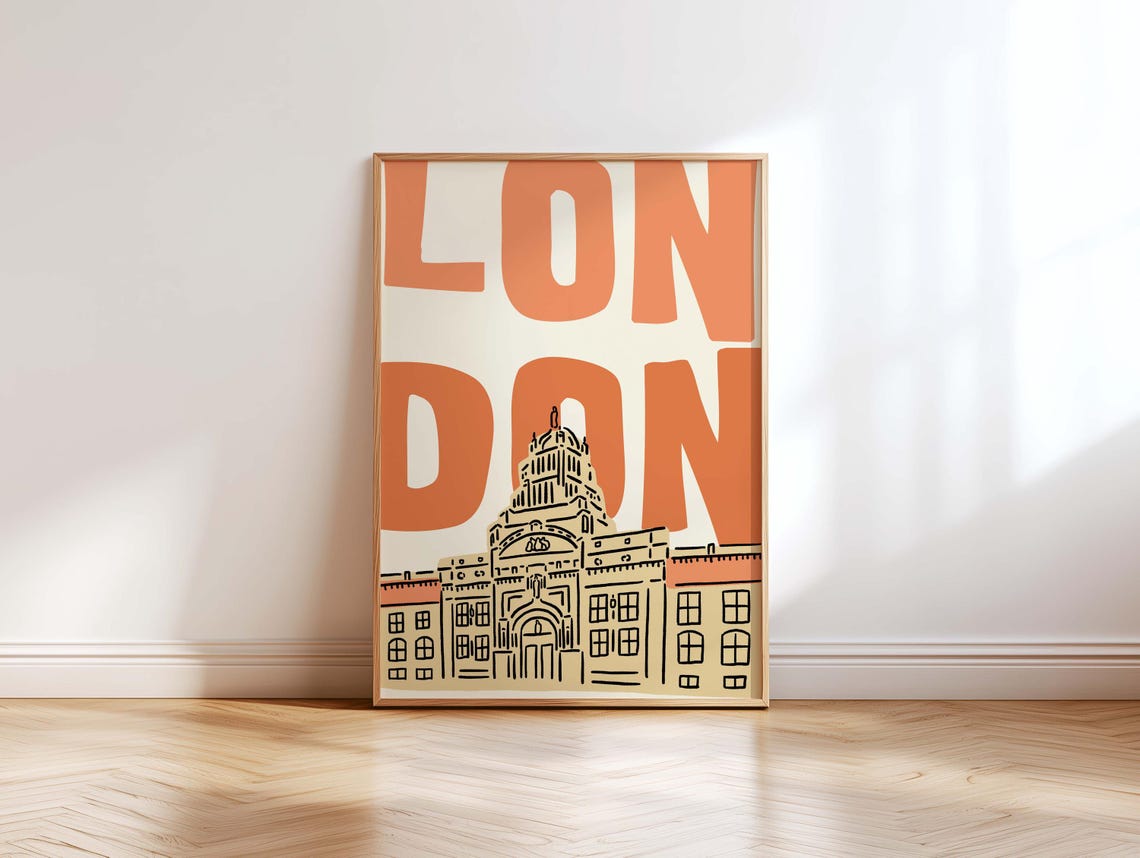 London Retro Orange Typography Vintage City Landmark Travel Art Poster