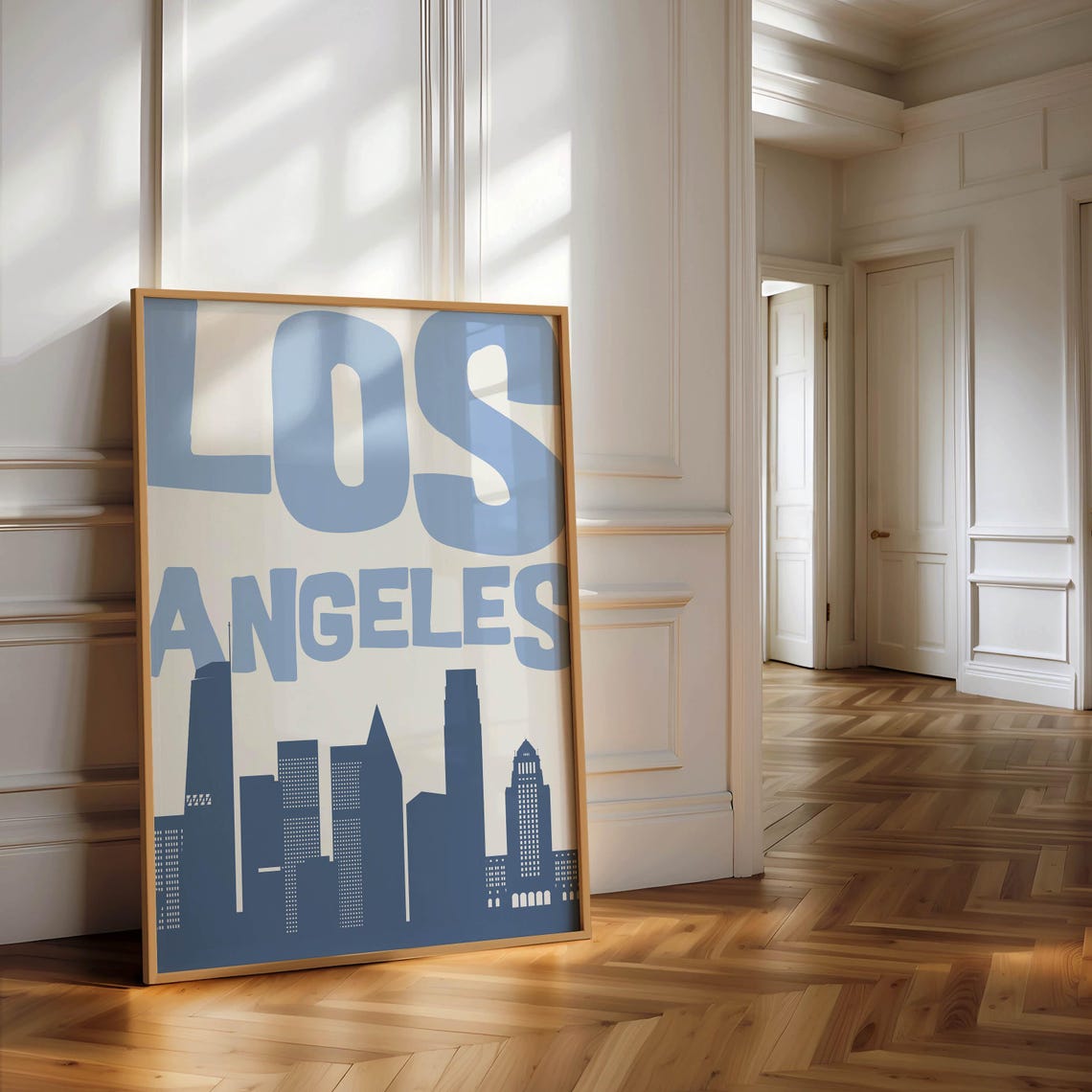Los Angeles Skyline Minimalist Cityscape Blue Retro Art Poster - Image 3