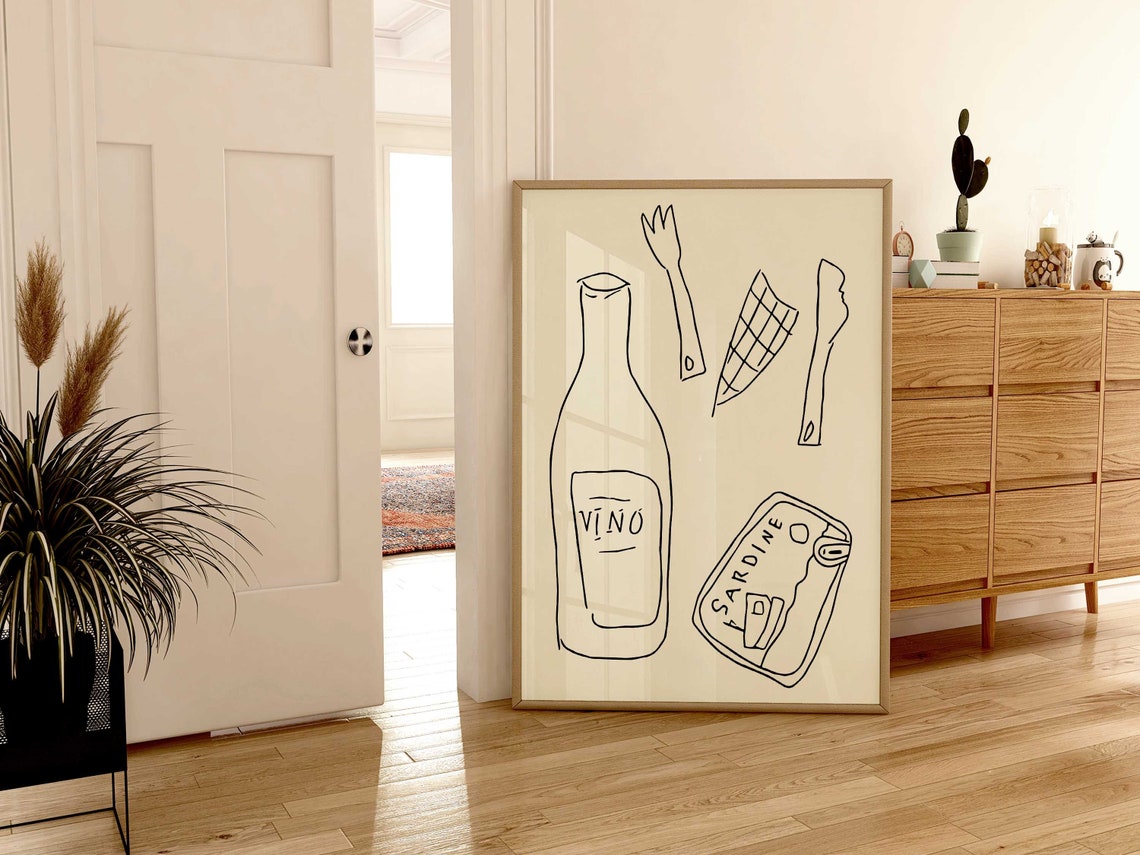 Vino And Sardine Black Line Drawing Wine Dinner Party Art Poster - Image 3