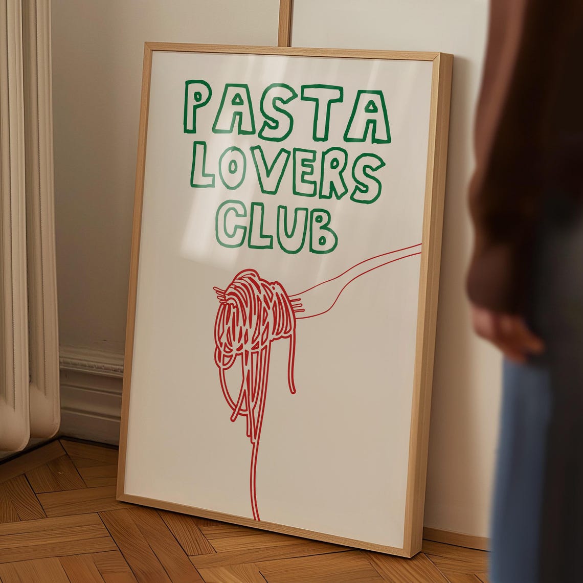 Pasta Lovers Club Green Spaghetti Fork Red Line Art Food Poster - Image 3
