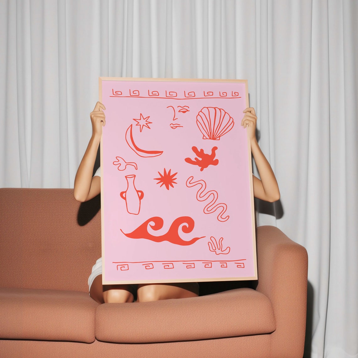 Greek Coastal Icons Red Line Art Beach Pink Shell Moon Poster - Image 2