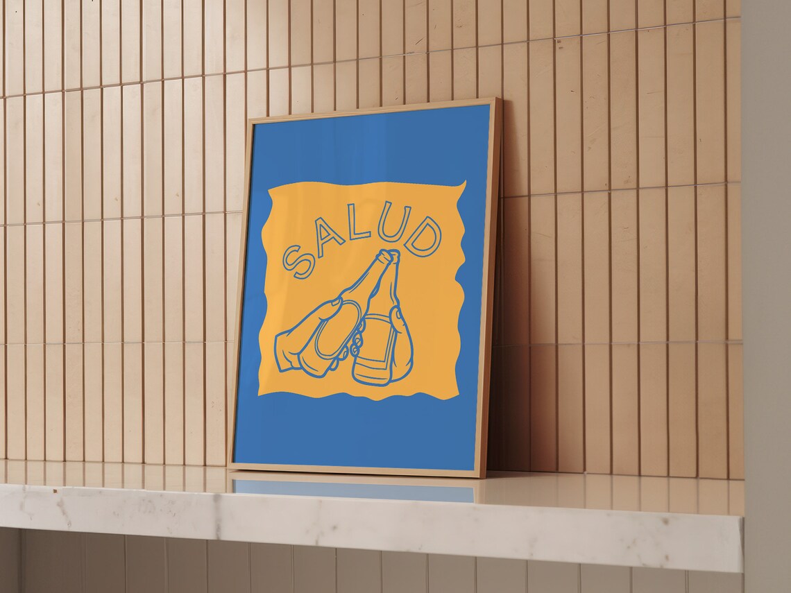 Salud Beer Bottle Cheers Retro Blue Yellow Bold Bar Party Poster - Image 4