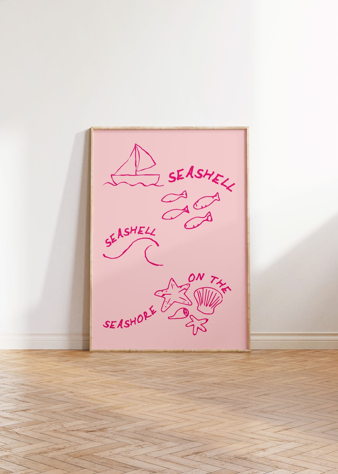 Seashell On The Seashore Pink Sailboat Hand Drawn Coastal Art Poster - Image 3