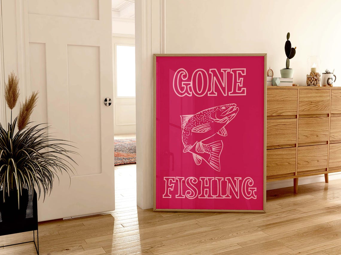 Vibrant Hot Pink Gone Fishing Trout Retro Typography Cabin Poster - Image 3