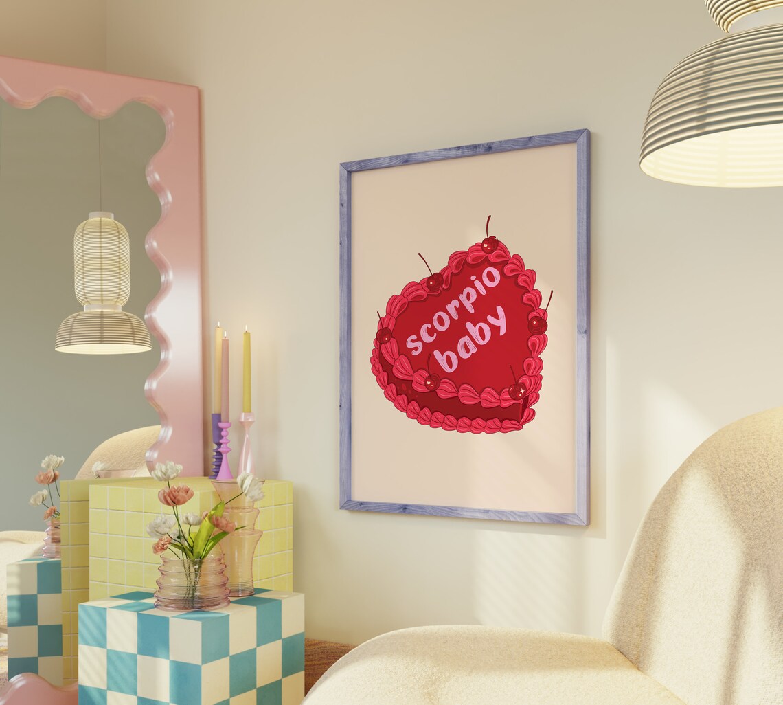 Scorpio Baby Red Vintage Heart Cake Cherries Zodiac Art Print - Image 5